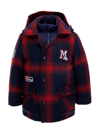 Duffle coat with hood and patch