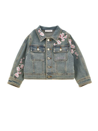 Peach flower embroidered denim jacket
