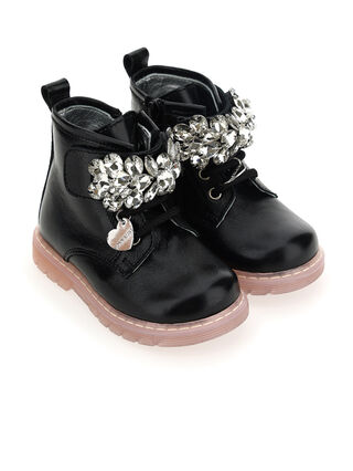 Patent leather combat boots with rhinestones