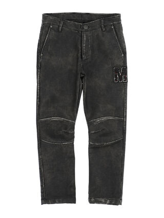 Distressed coated fabric trousers