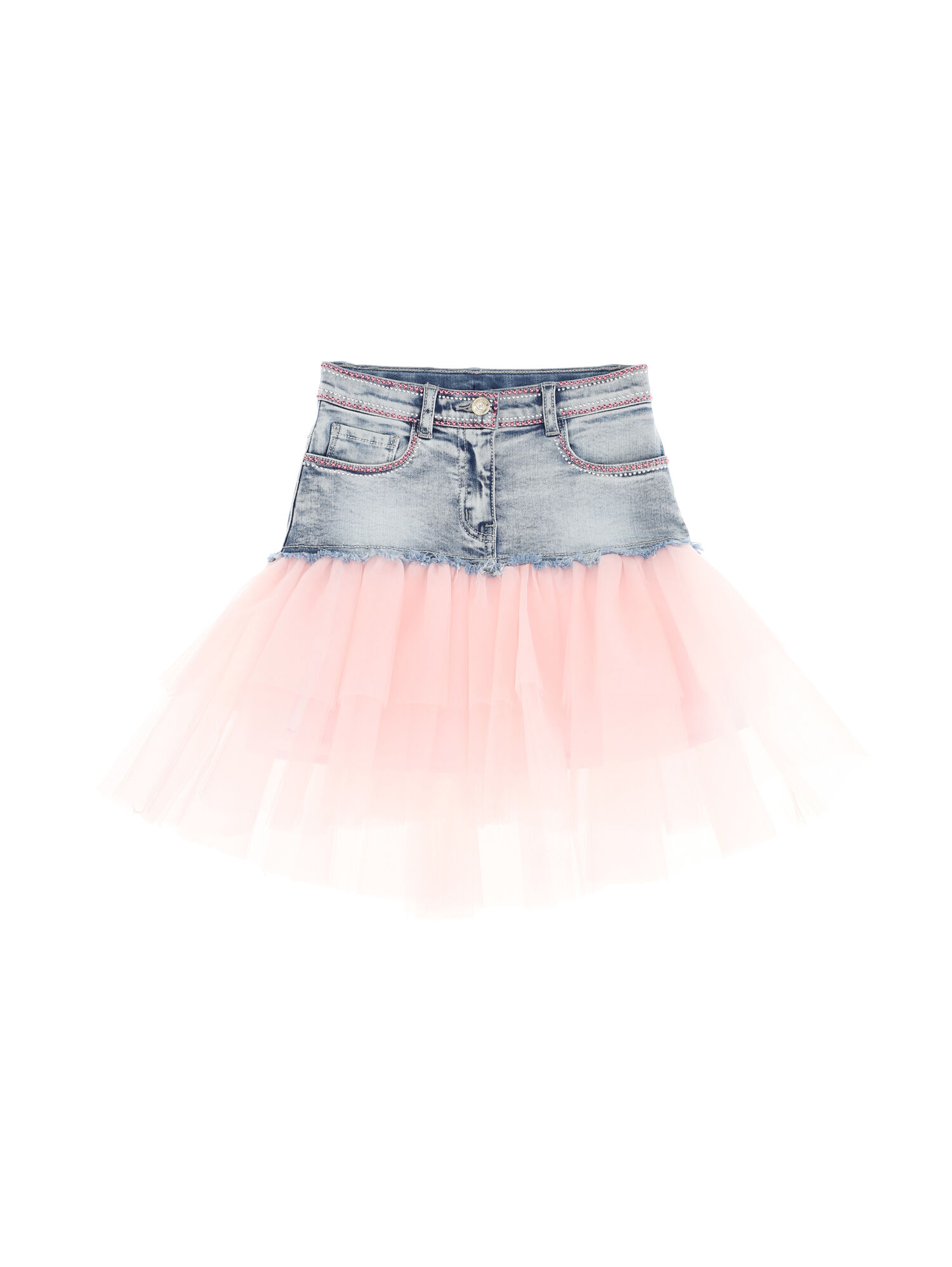 Tulle denim skirt with crystals Monnalisa Girls Clothing Skirts Denim Skirts 