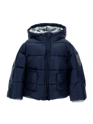 Hooded technical down jacket