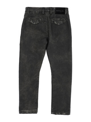 Distressed coated fabric trousers