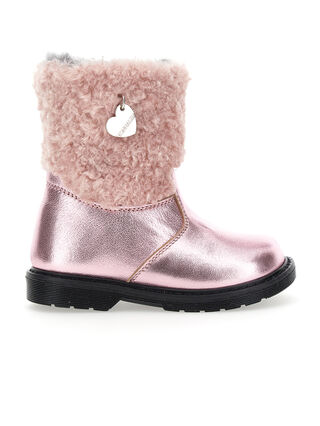 Laminated and plush ankle boots