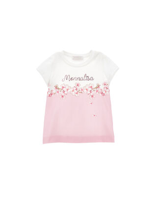 Two-tone cotton T-shirt with rhinestones