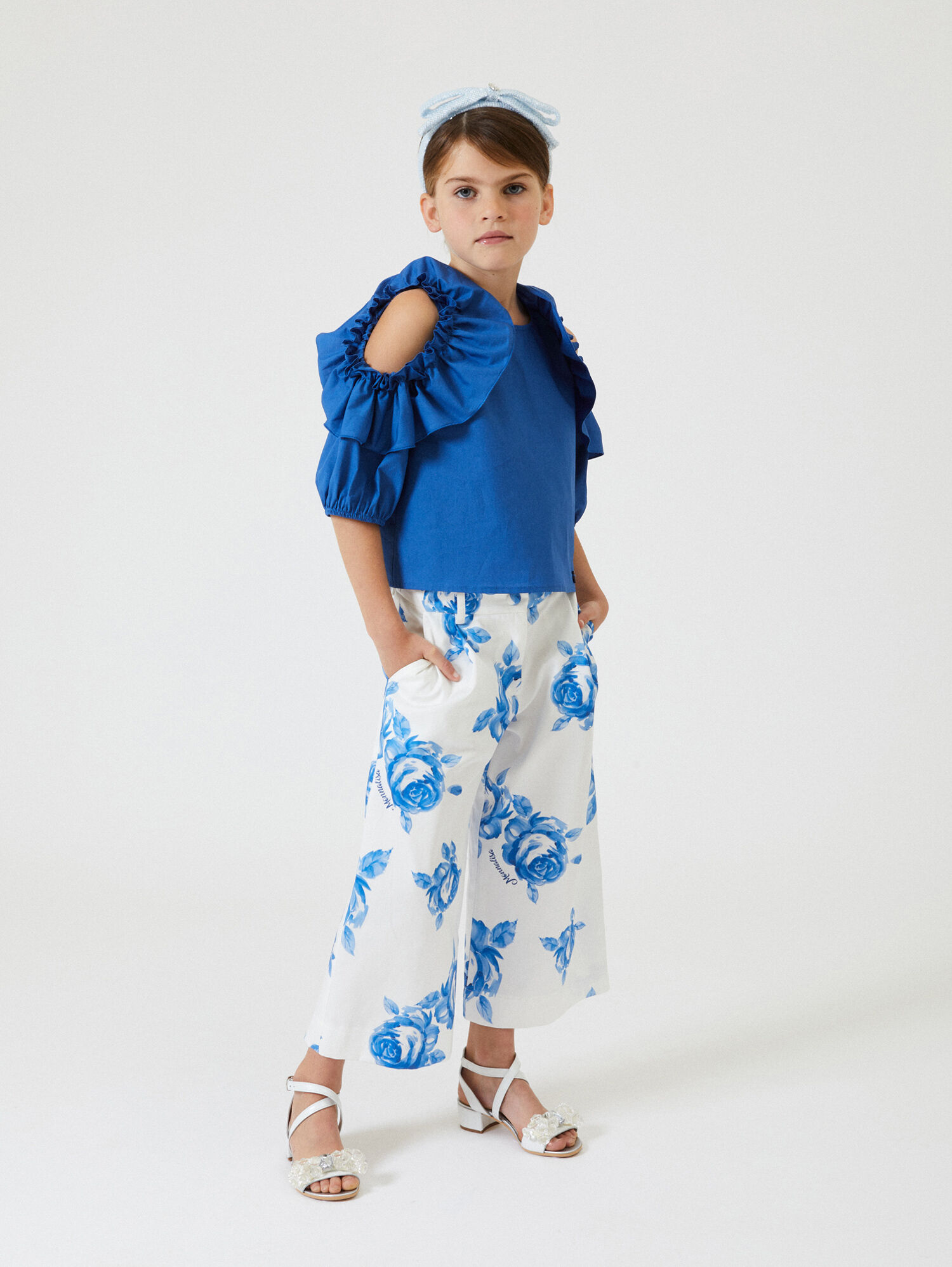 Monnalisa rose-print detail trousers - White