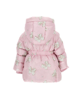 Long nylon down jacket with bow print