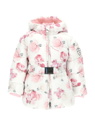 Down jacket with rose and perfume print