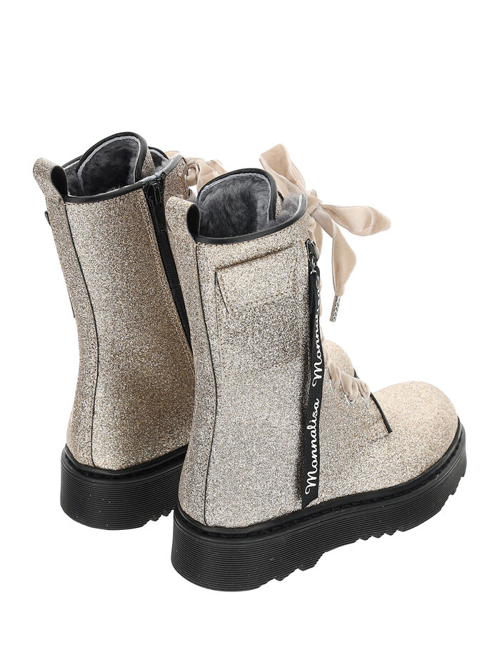 Glitter combat boots with shearling