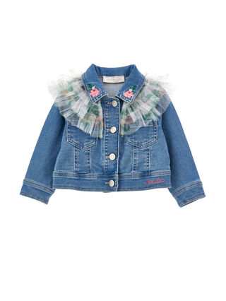 Denim jacket with ruffles