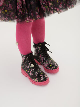 Floral coated fabric combat boots