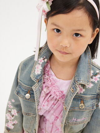 Peach flower embroidered denim jacket