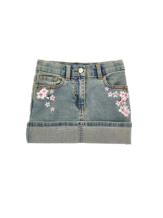 Mit Pfirsichbl&uuml;ten bestickter Jeans-Minirock