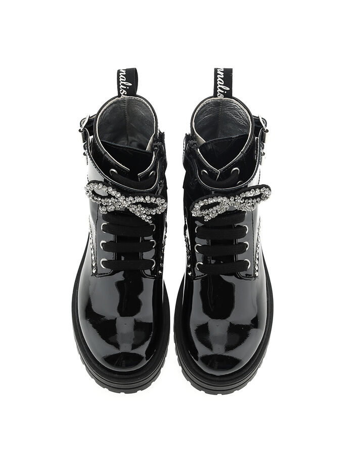 Patent leather combat boots with rhinestones