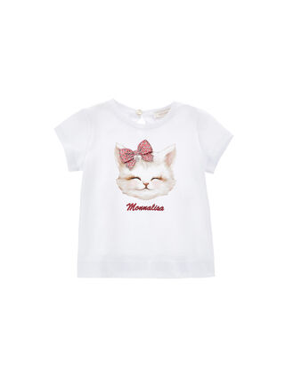 Cotton T-shirt with kitten and bow print