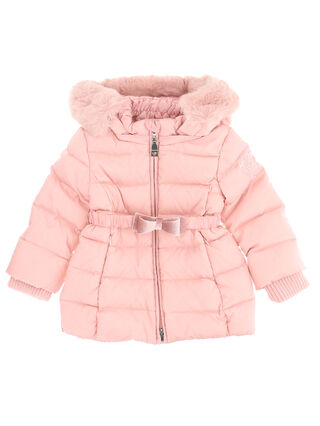 Long nylon puffer jacket with hood