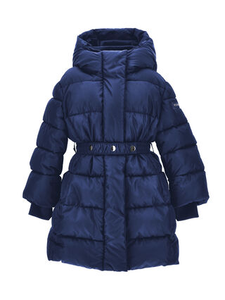 Down jacket with belt and hood
