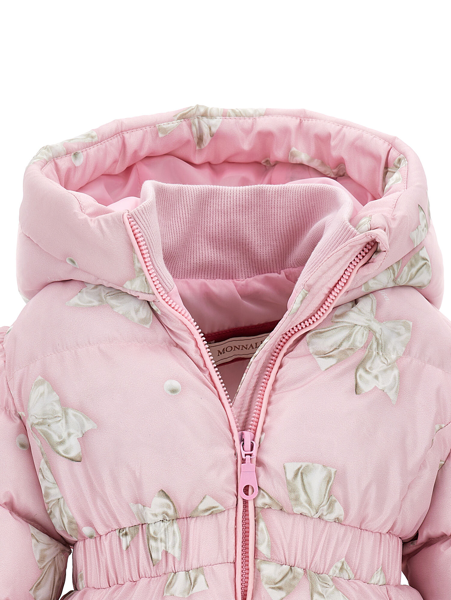 Long nylon down jacket with bow print girl | Monnalisa
