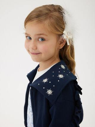 Zip-up sweatshirt with crystals and ruffles