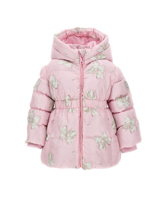 Long nylon down jacket with bow print