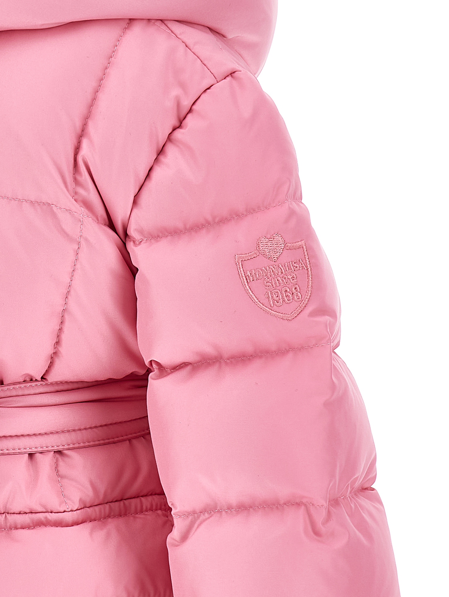 Monnalisa Goose Down Padded Jacket With Belt In Bright Peach Pink