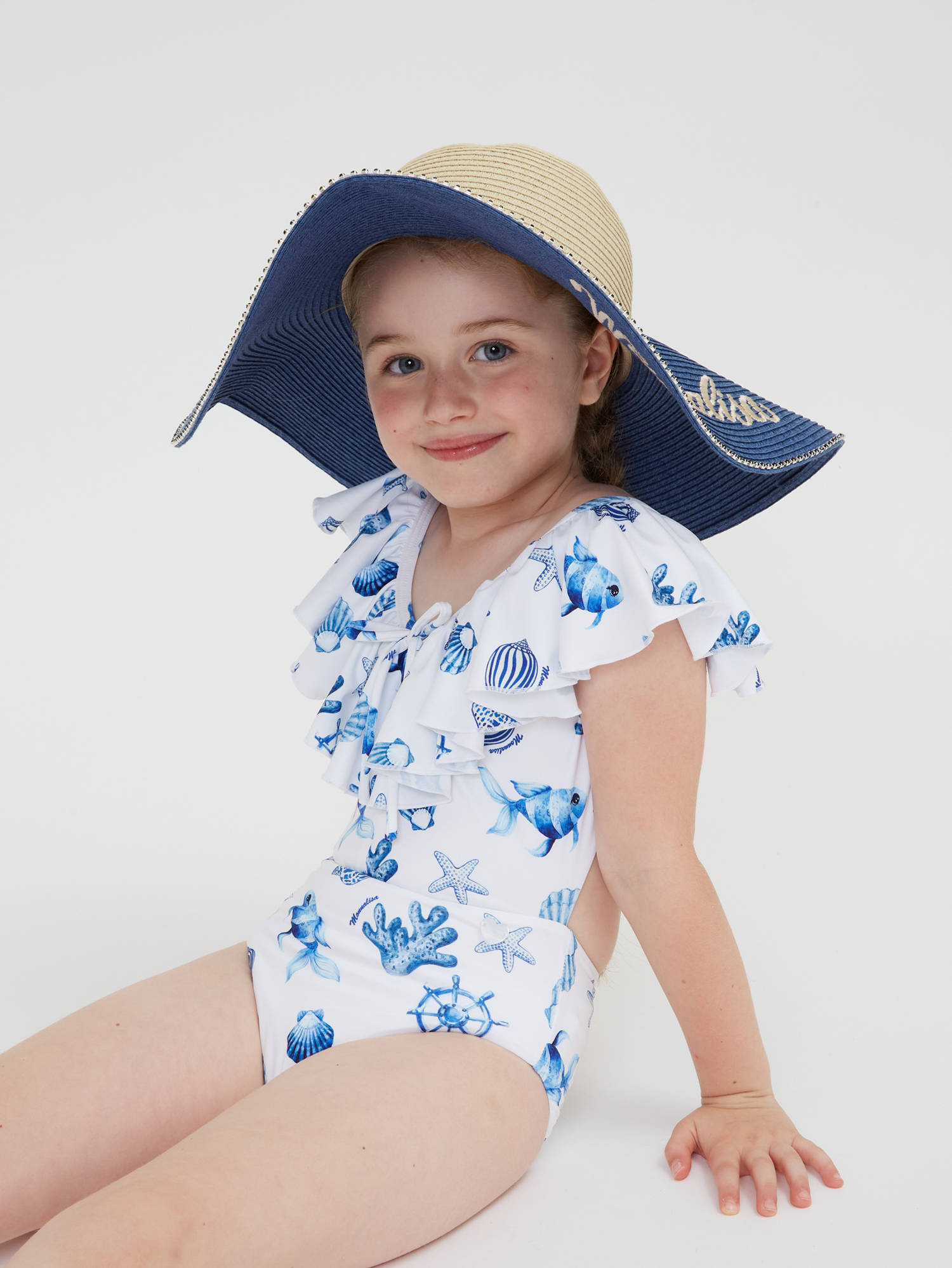 Monnalisa Marine Stretch Swimsuit In White + Blue