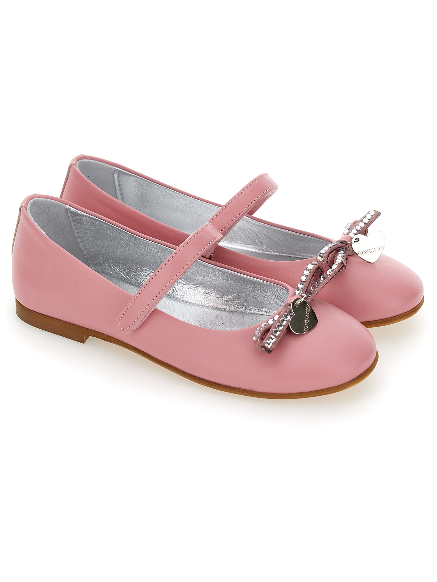 Monnalisa Leather Ballet Flats With Rhinestone Bow In Rosa Fairy Tale