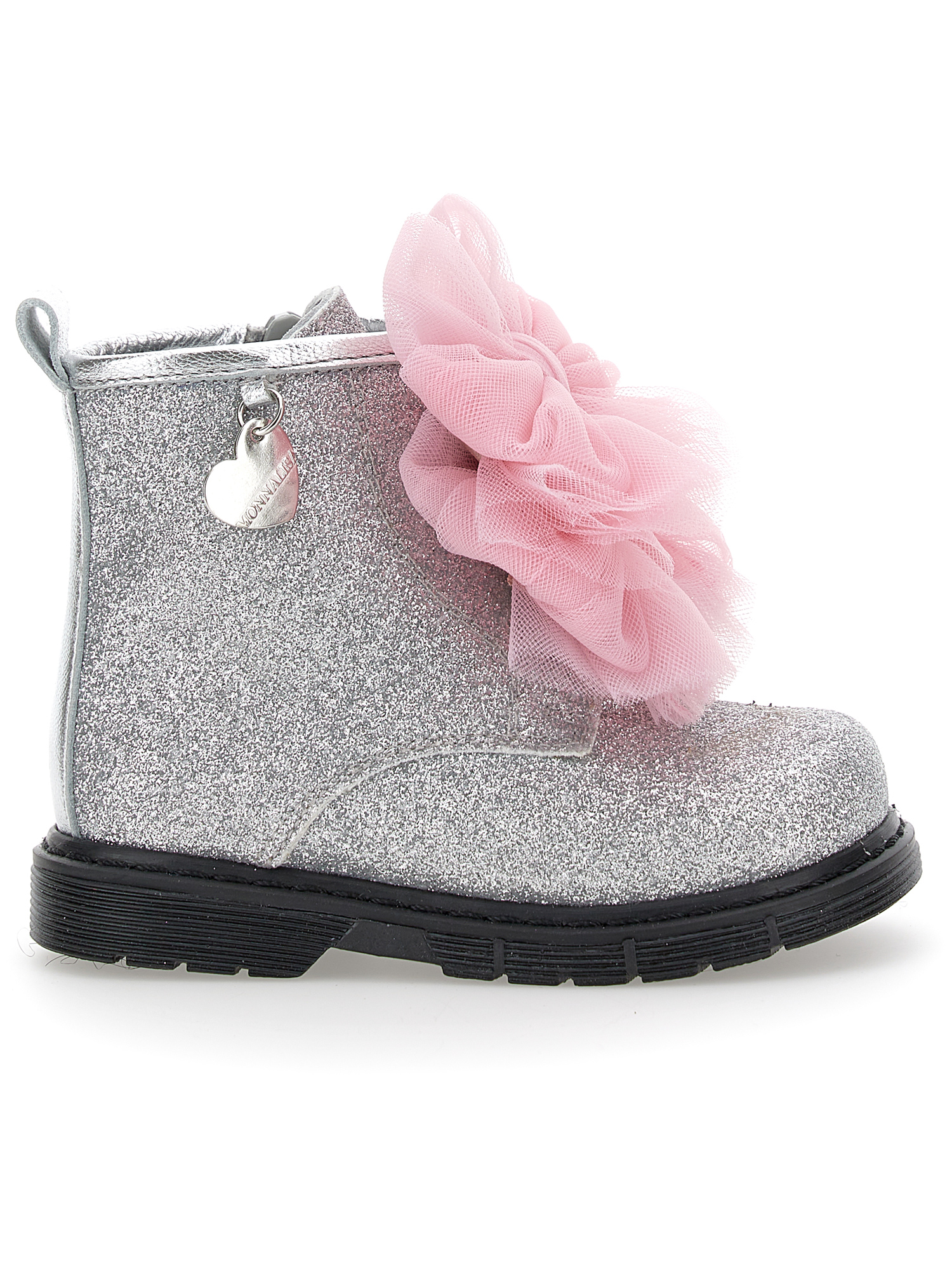 Monnalisa Glitter Combat Boots With Bows In Silver + Pink
