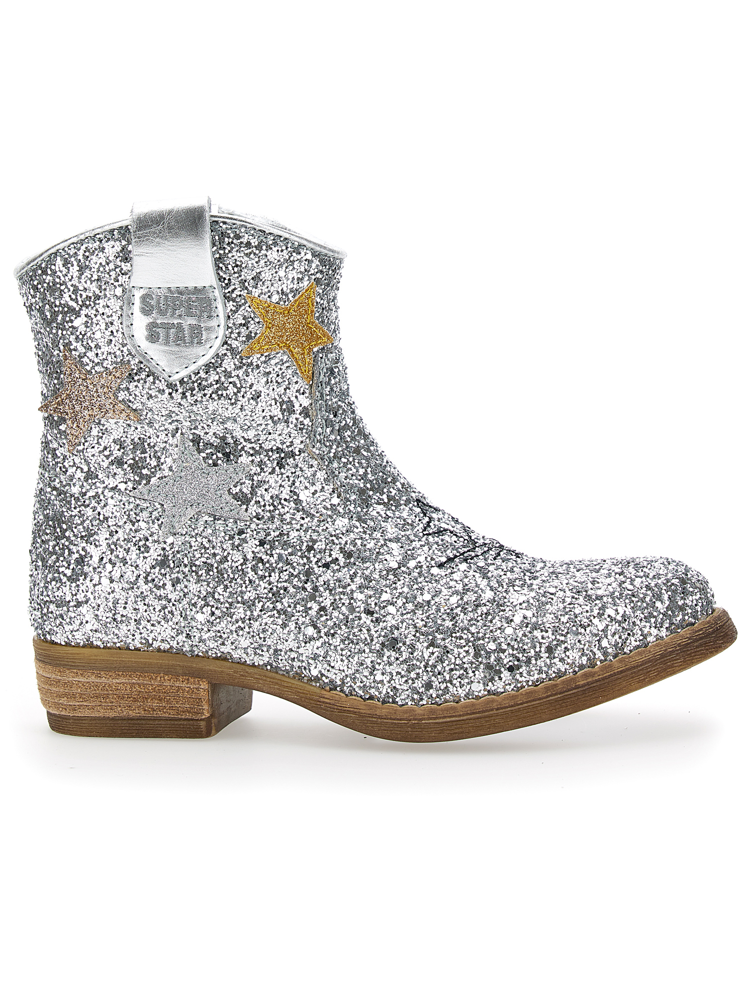 Monnalisa Glitter Cowboy Boots With Contrasting Stars In Silver Glitter