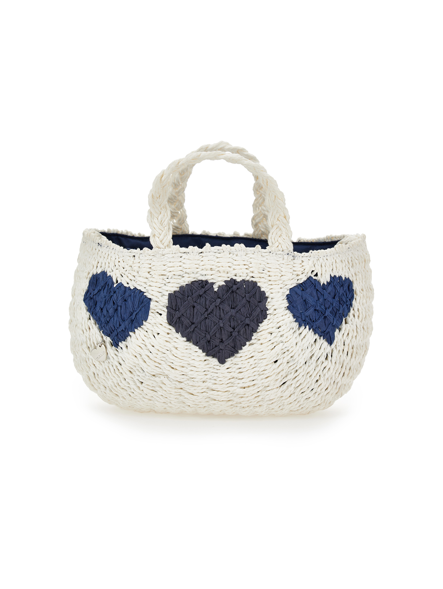 Monnalisa Straw Bag With Hearts In White + Blue