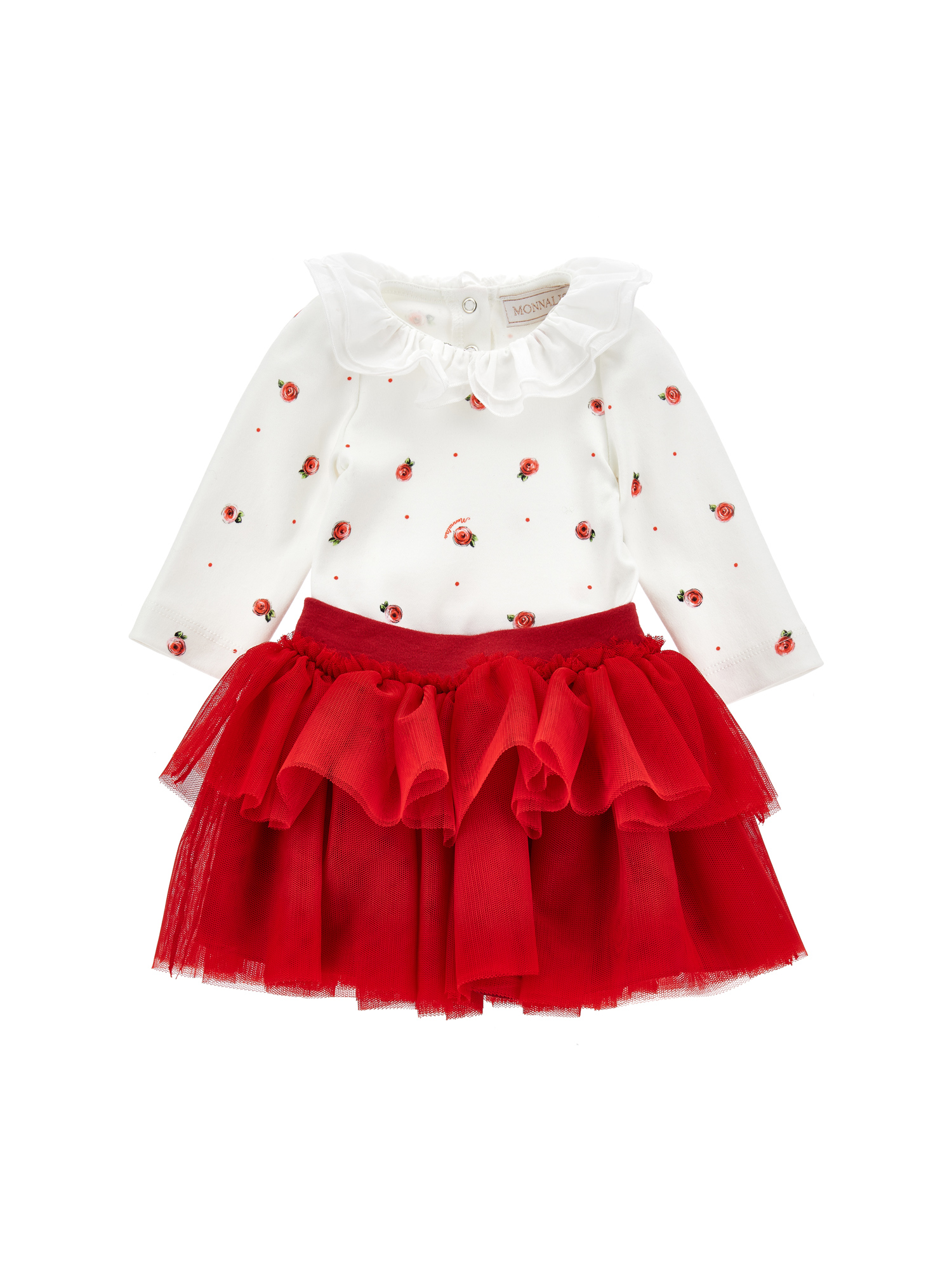 Monnalisa Babies'   Two-piece Cotton And Tulle Set In Cream + Ruby Red
