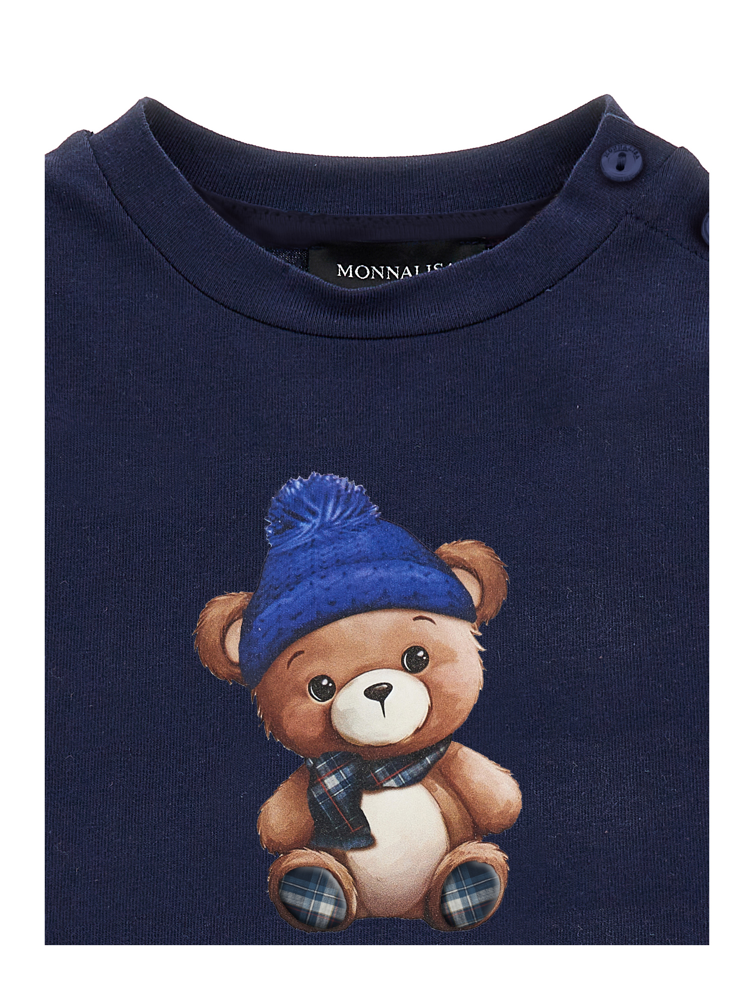 Monnalisa T-shirt With Teddy Bear On Front And Back In Dark Blue