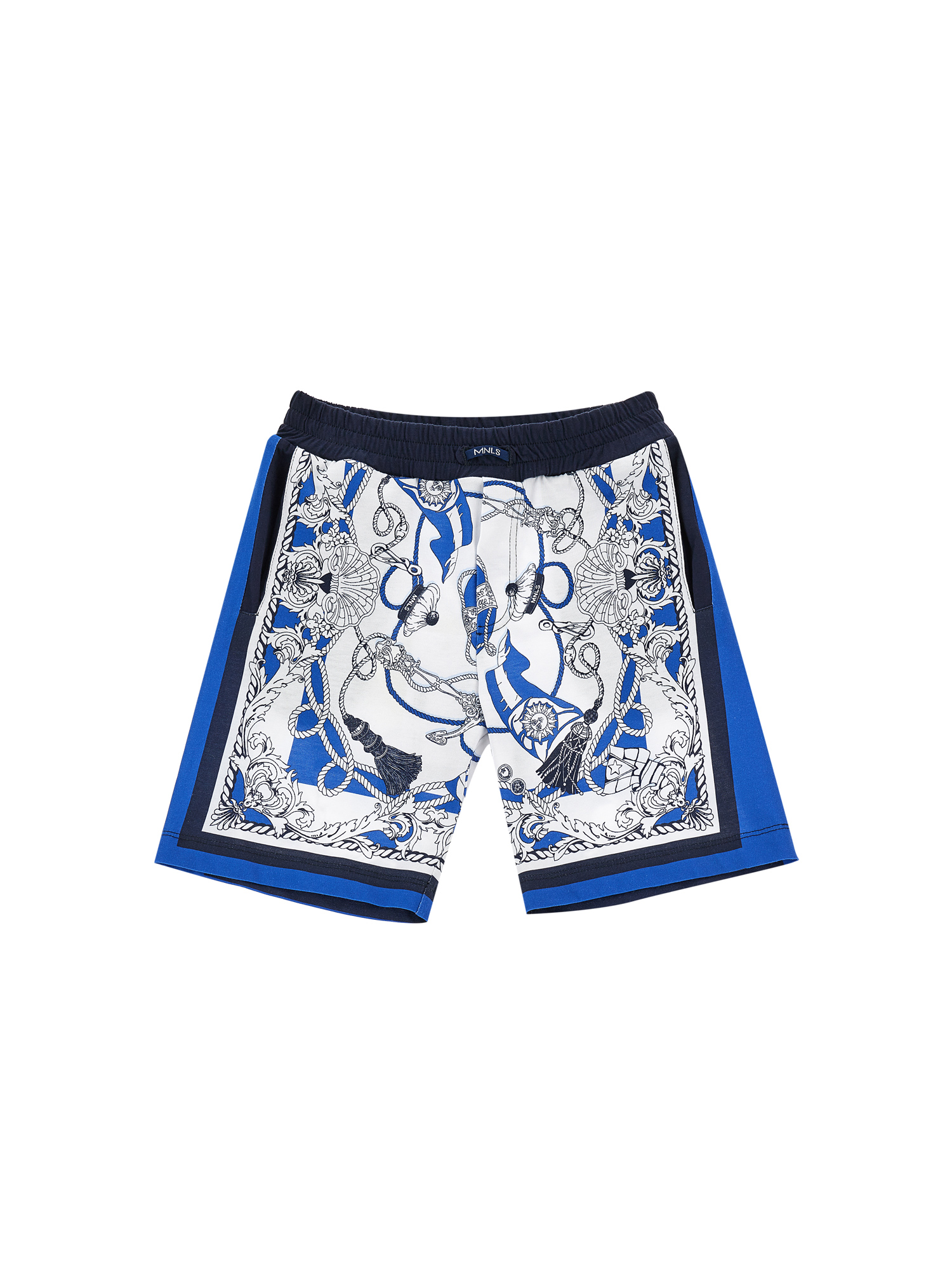 Monnalisa Nautical Print Piquet Bermuda Shorts In White + Blue