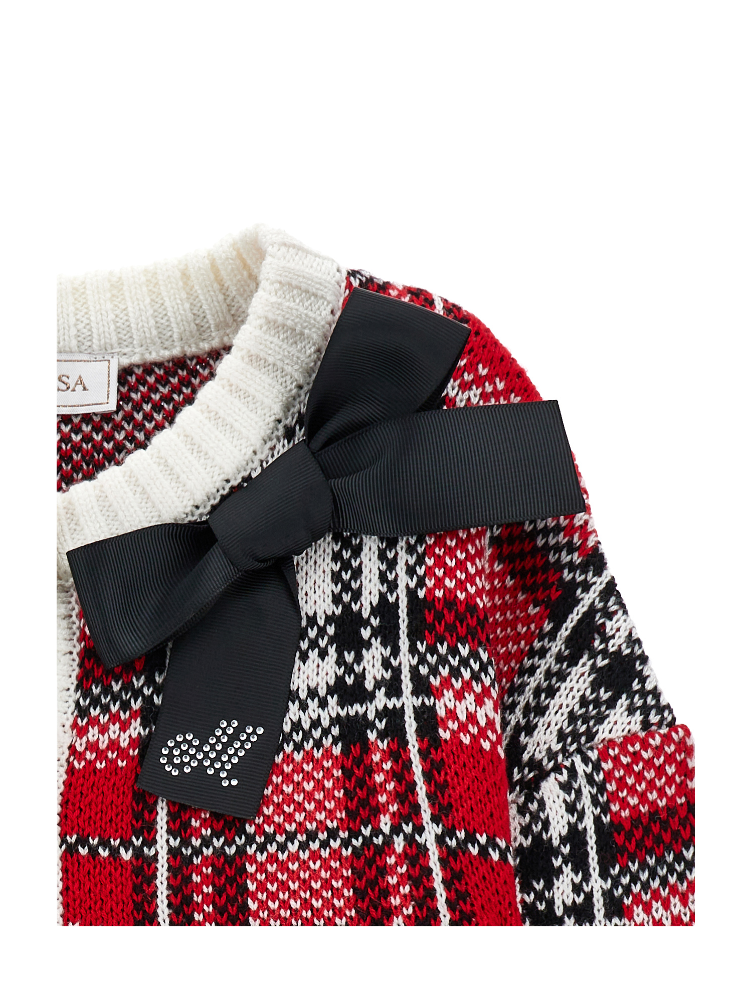 Monnalisa Tartan Wool Blend Sweater In Red + Cream