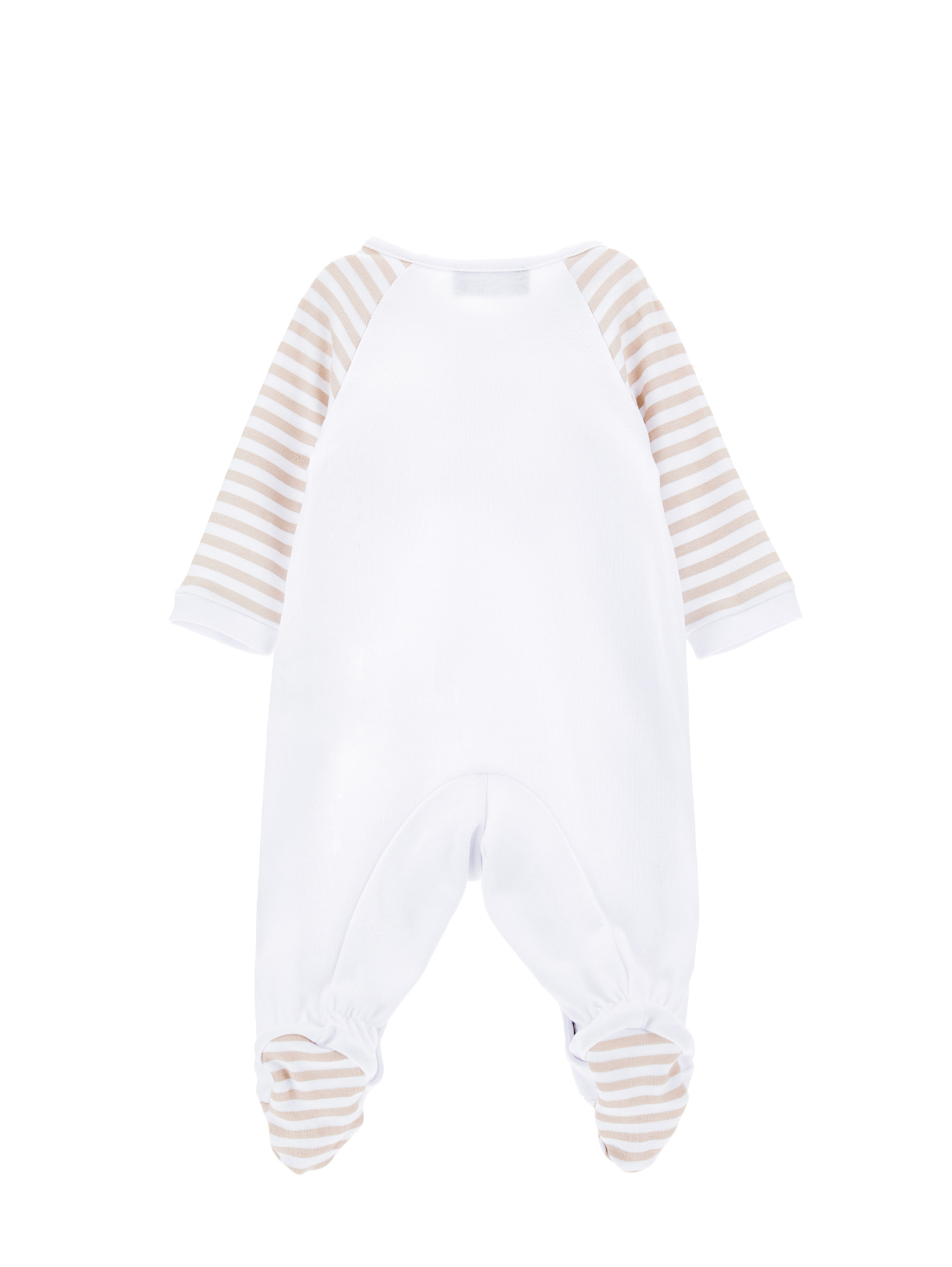 Shop Monnalisa Mickey Playsuit With Striped Sleeves In White + Ecru