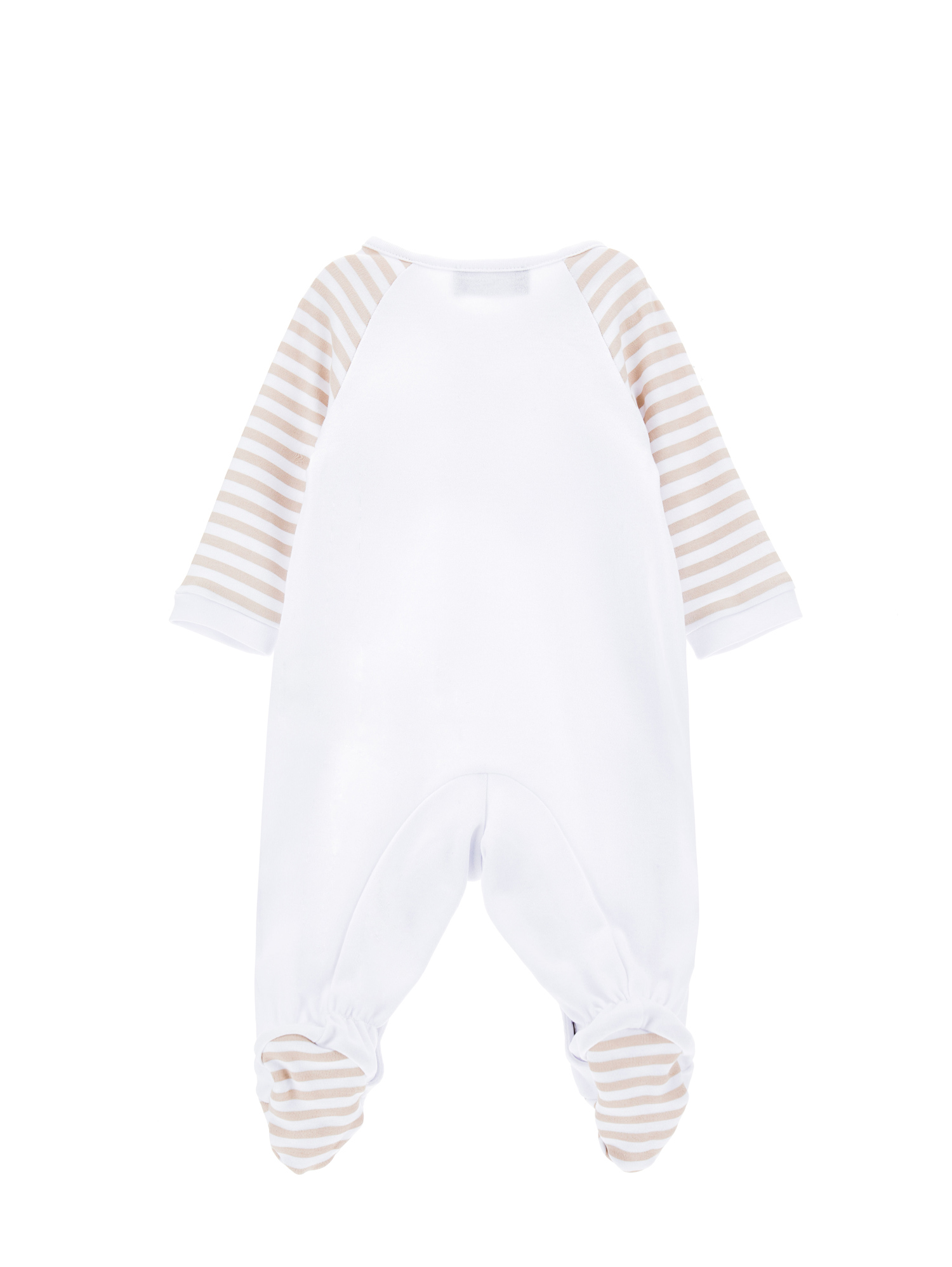 Monnalisa Mickey Playsuit With Striped Sleeves In White + Ecru