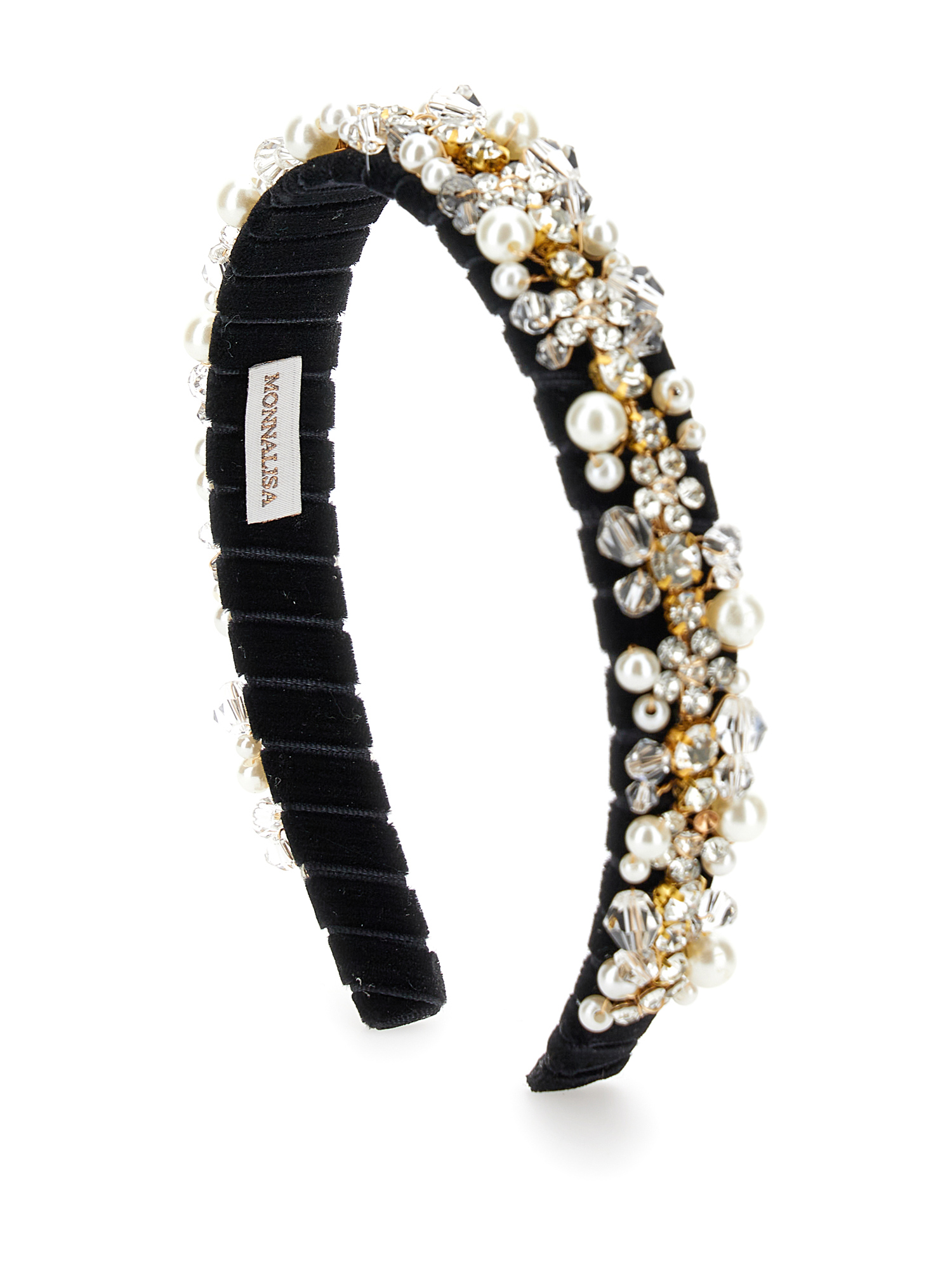 Monnalisa Velvet Headband With Rhinestones And Pearls In Black