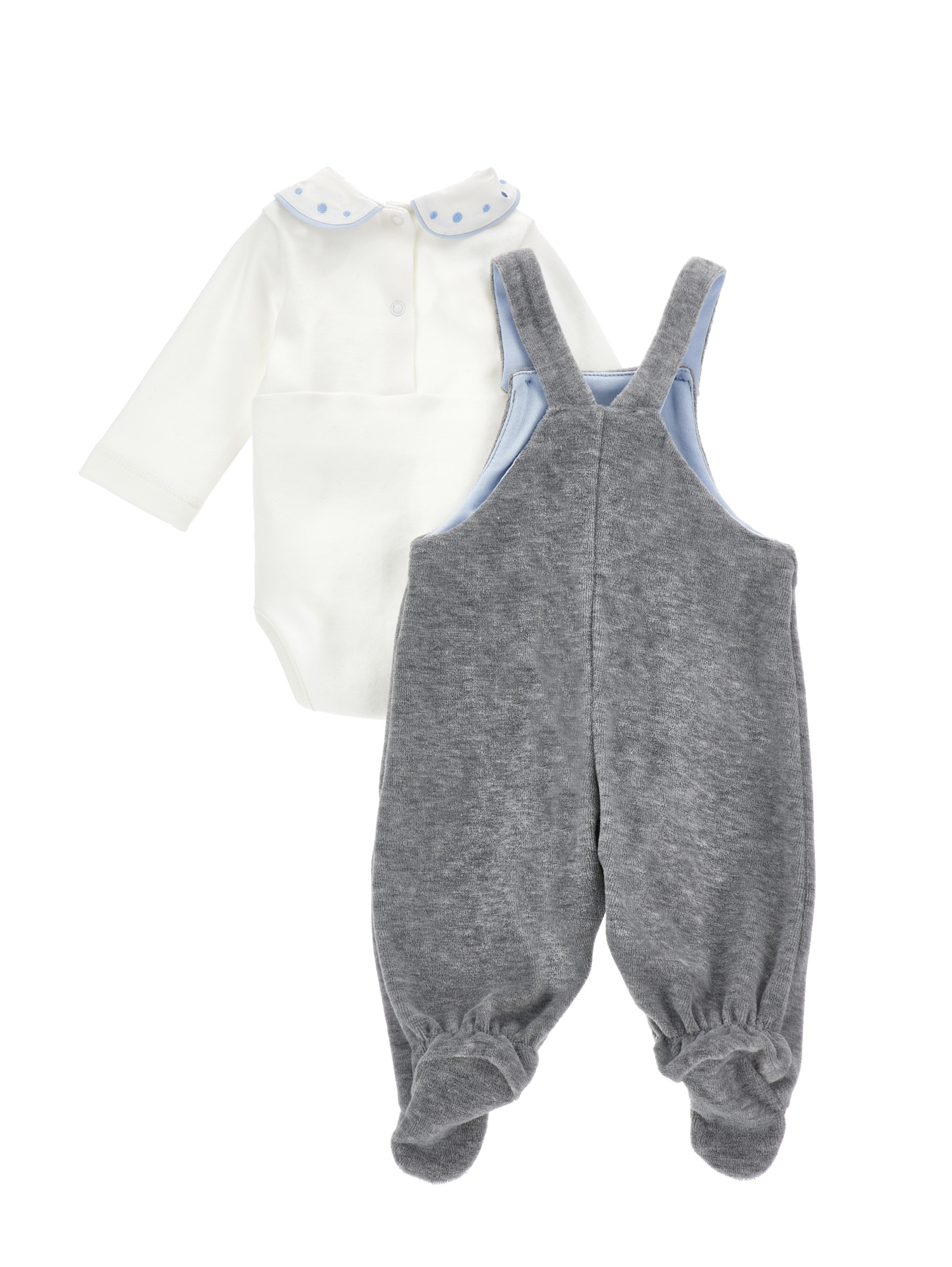 Monnalisa Cotton Chenille Dungarees Set In Cream + Grey