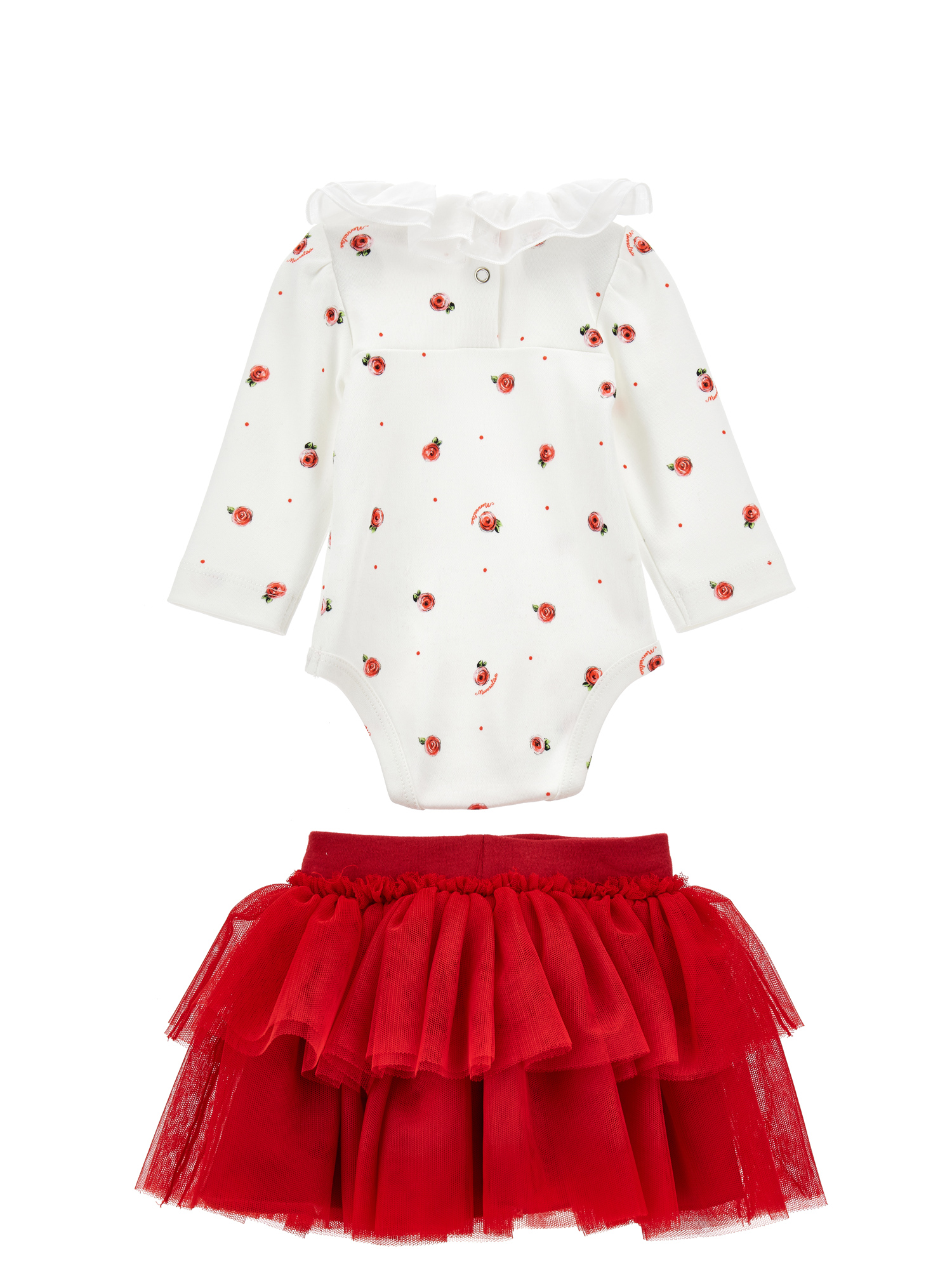 Monnalisa Two-piece Cotton And Tulle Set In Cream + Ruby Red