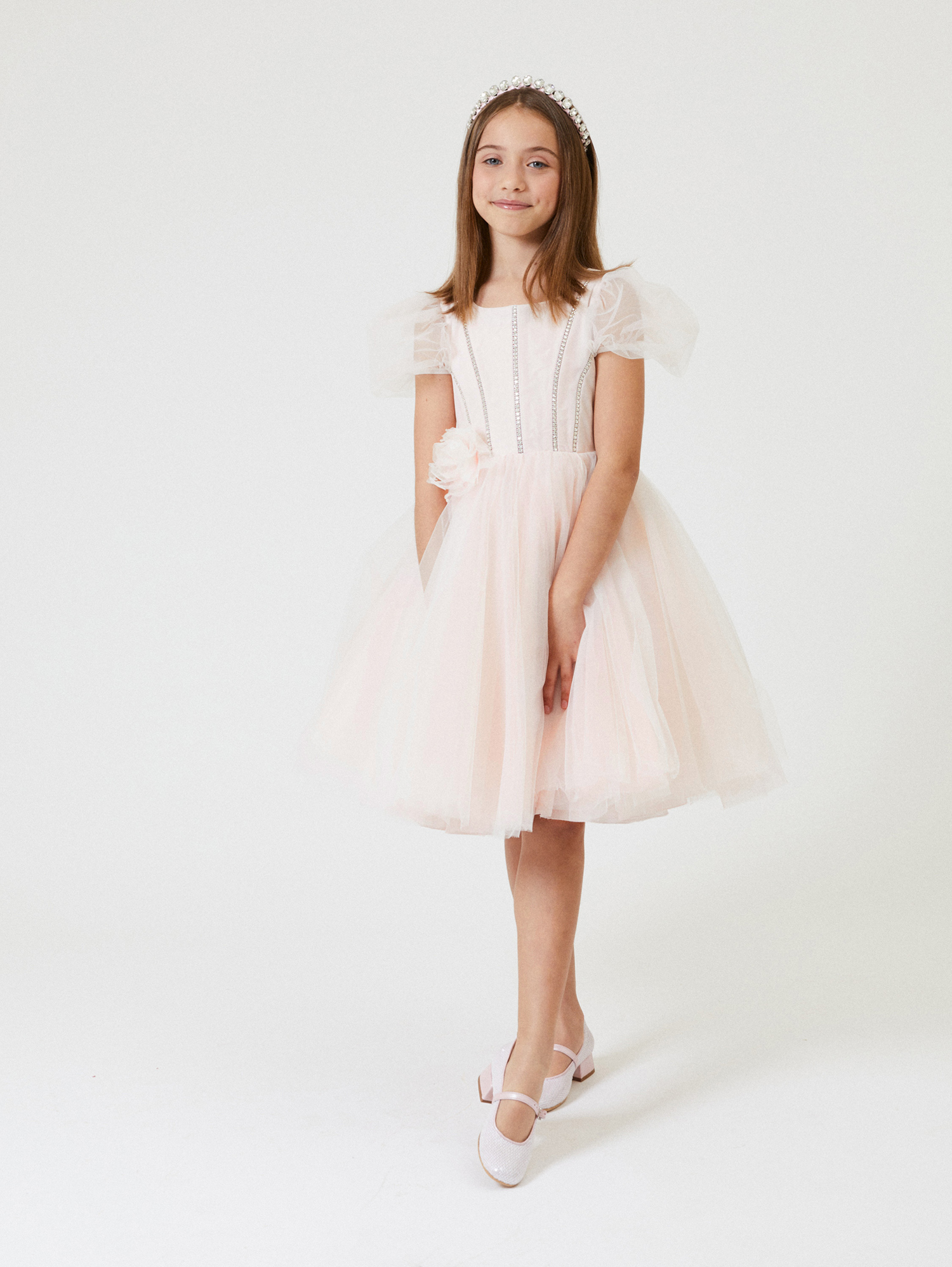 Shop Monnalisa Sunset Dress With Silk-touch Tulle In Dusty Pink Rose