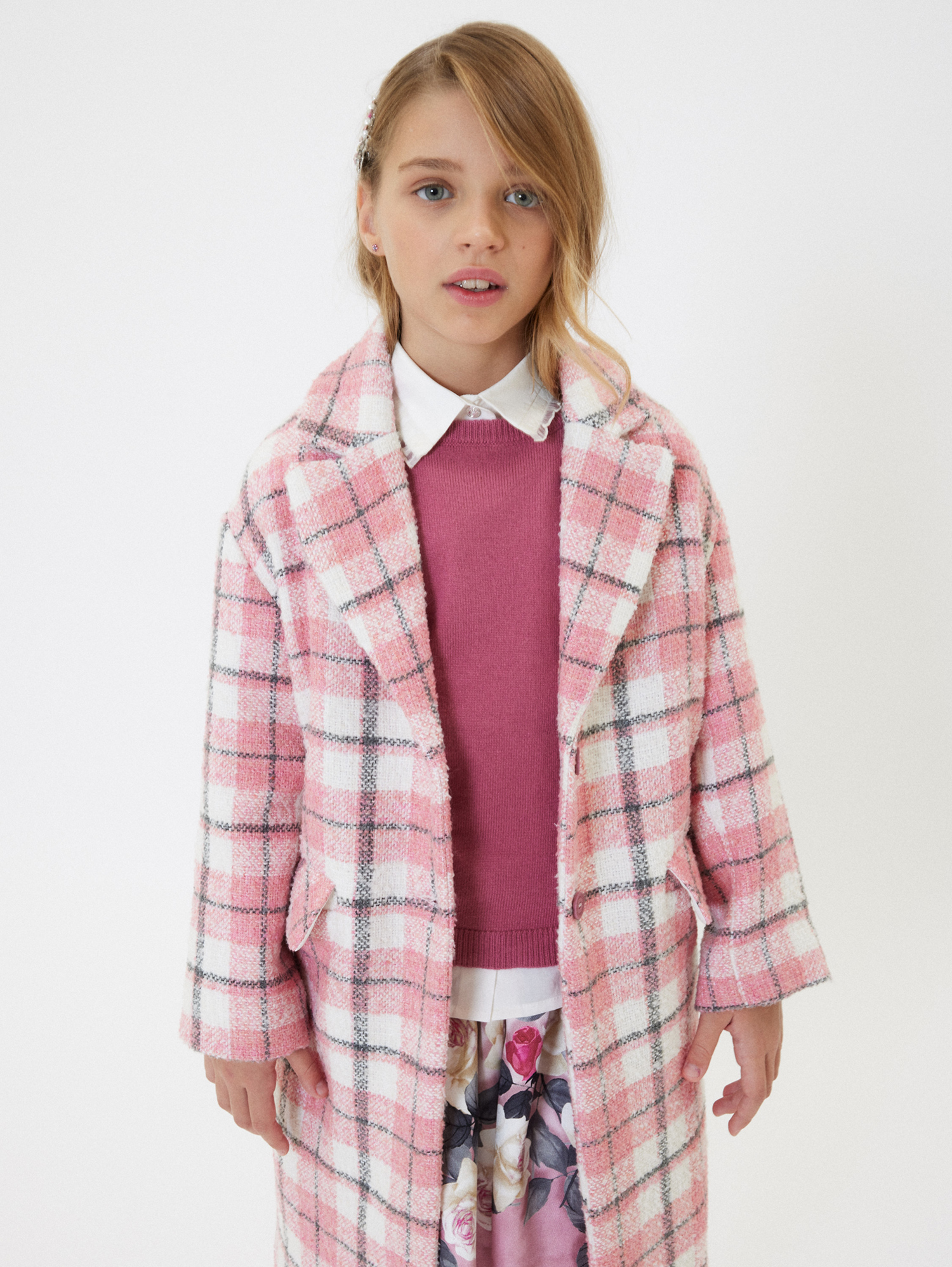 Monnalisa Tartan Bouclé Coat In Violet + Light Grey
