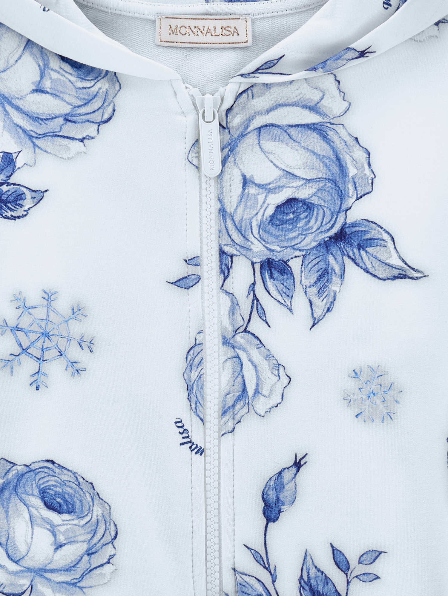Monnalisa Ice Rose Zip-up Hoodie In Cloud + Navy Blue