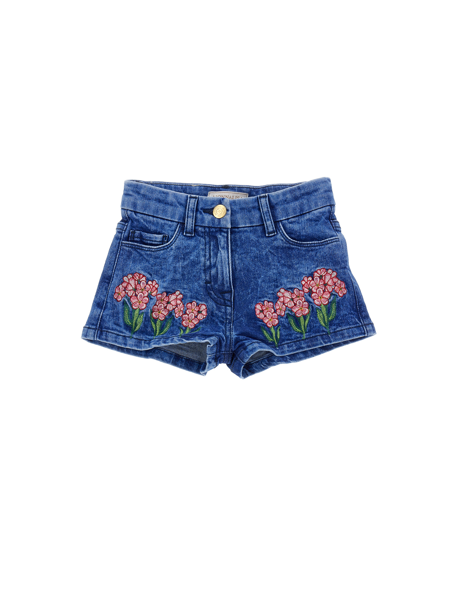 Monnalisa Embroidered Denim Shorts In Denim Blue + Pink