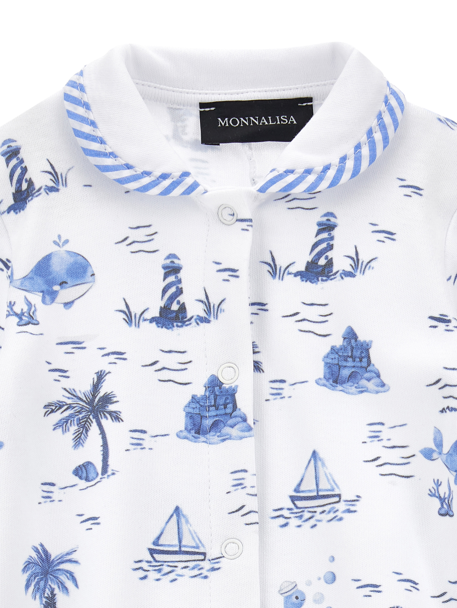 Monnalisa Cotton Playsuit With Marine Print In White + Blue