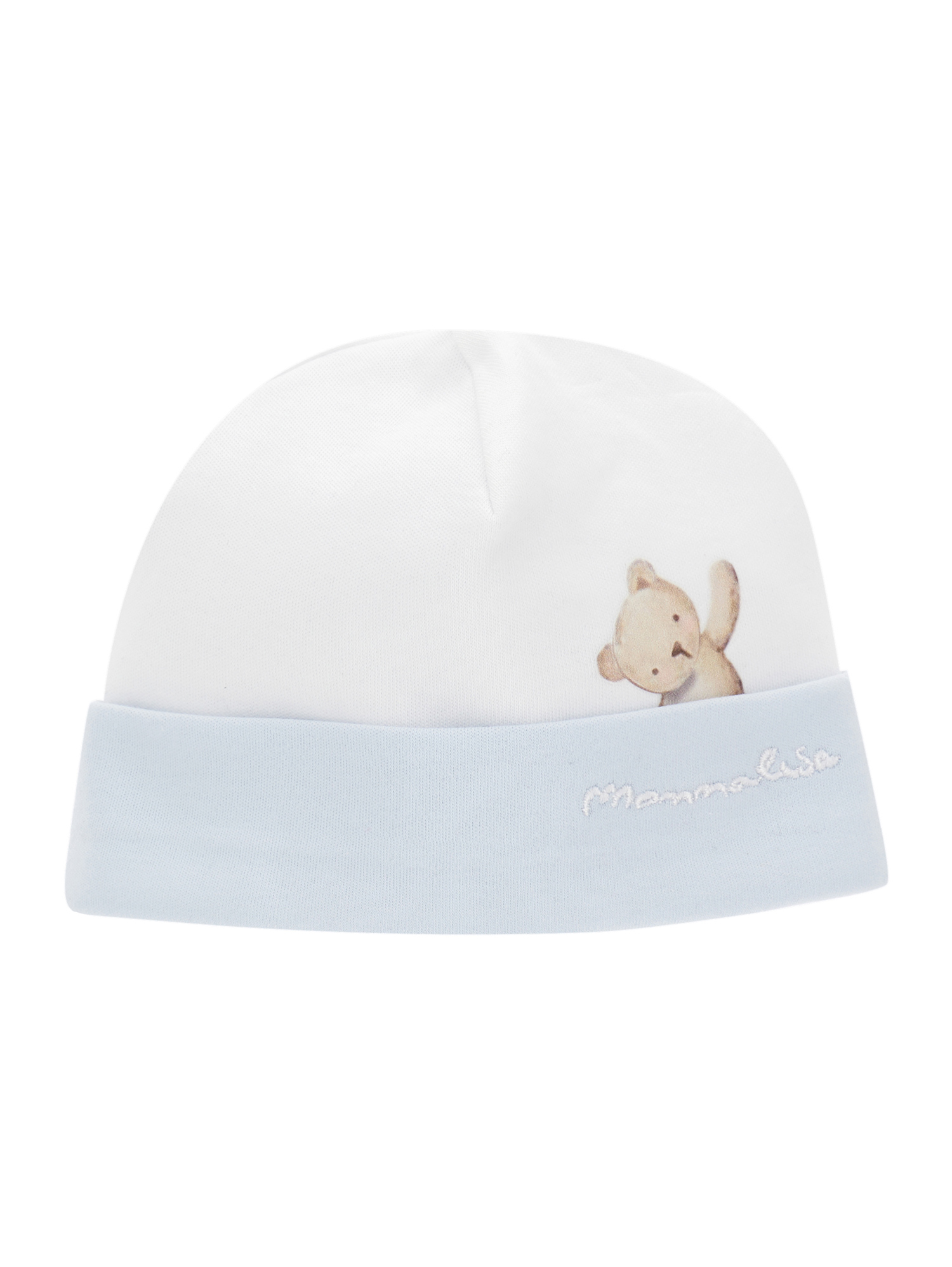 Monnalisa Print Cotton Hat In Cream White + Sky Blue