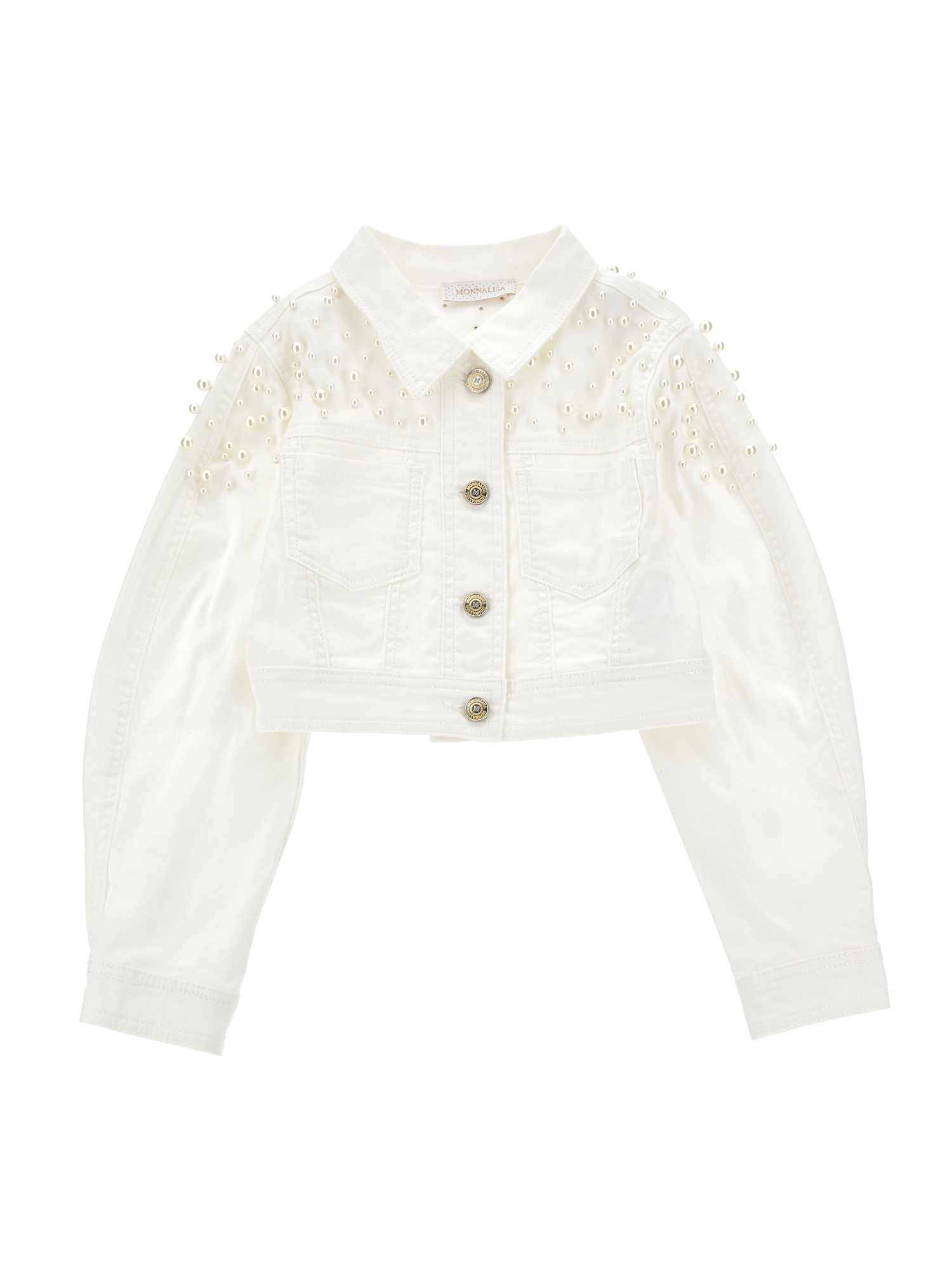 Monnalisa Denim Jacket With Pearls In Cream