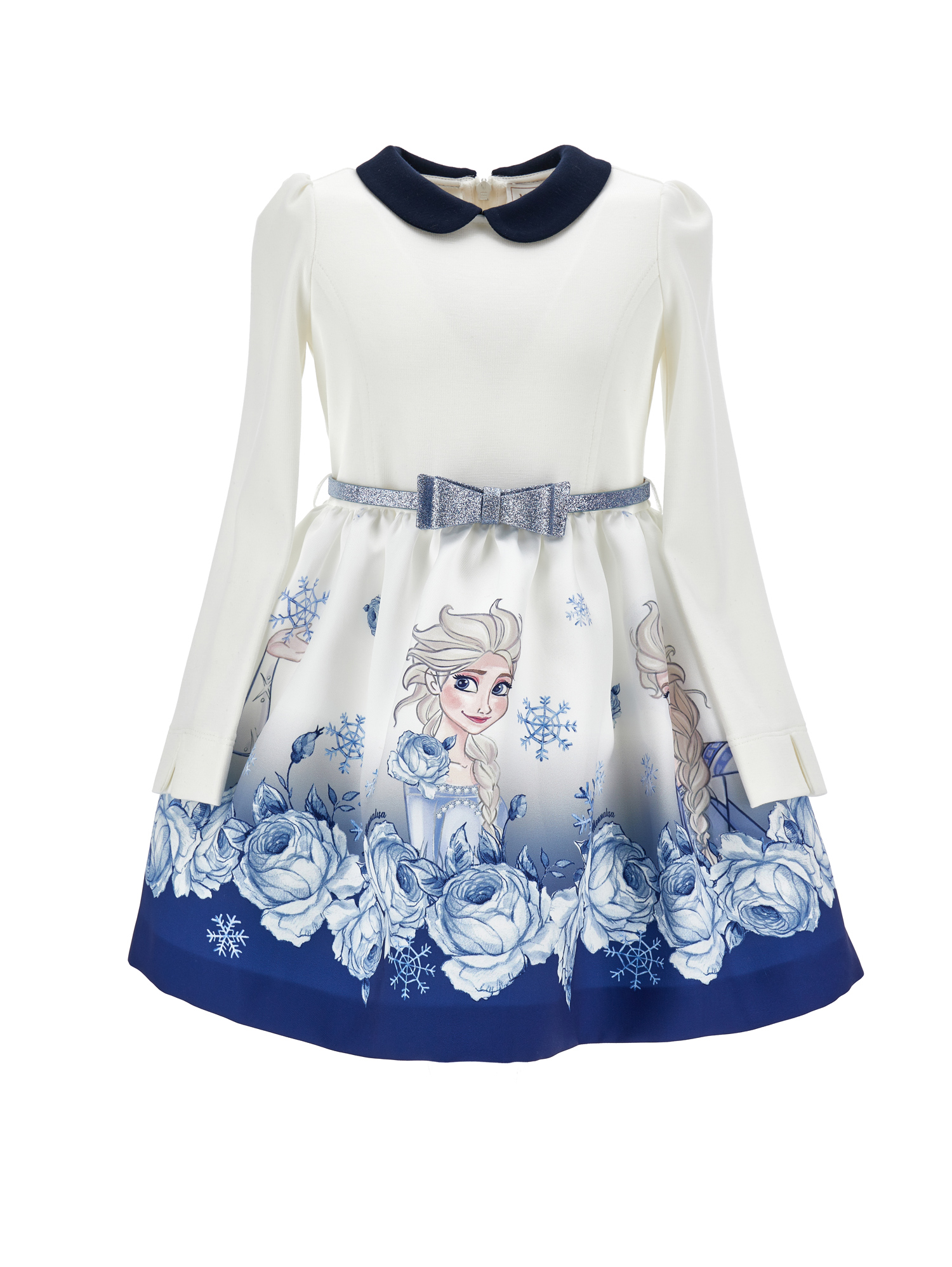 Monnalisa Frozen Mikado Dress In Cream + Navy Blue