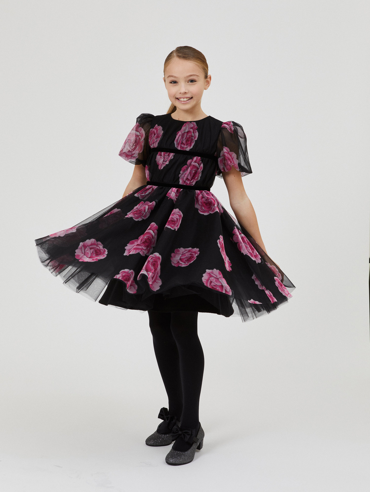 Shop Monnalisa Tulle And Rose Dress In Black