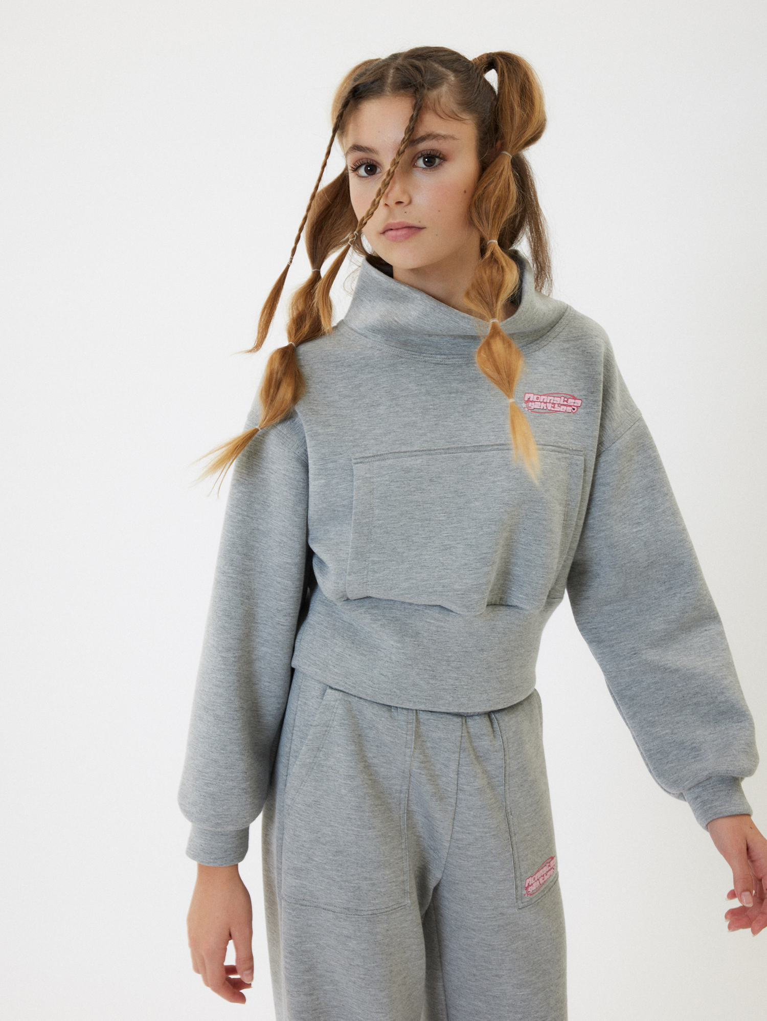 Monnalisa Cowl Neck Neoprene Sweatshirt In Grey + Grey