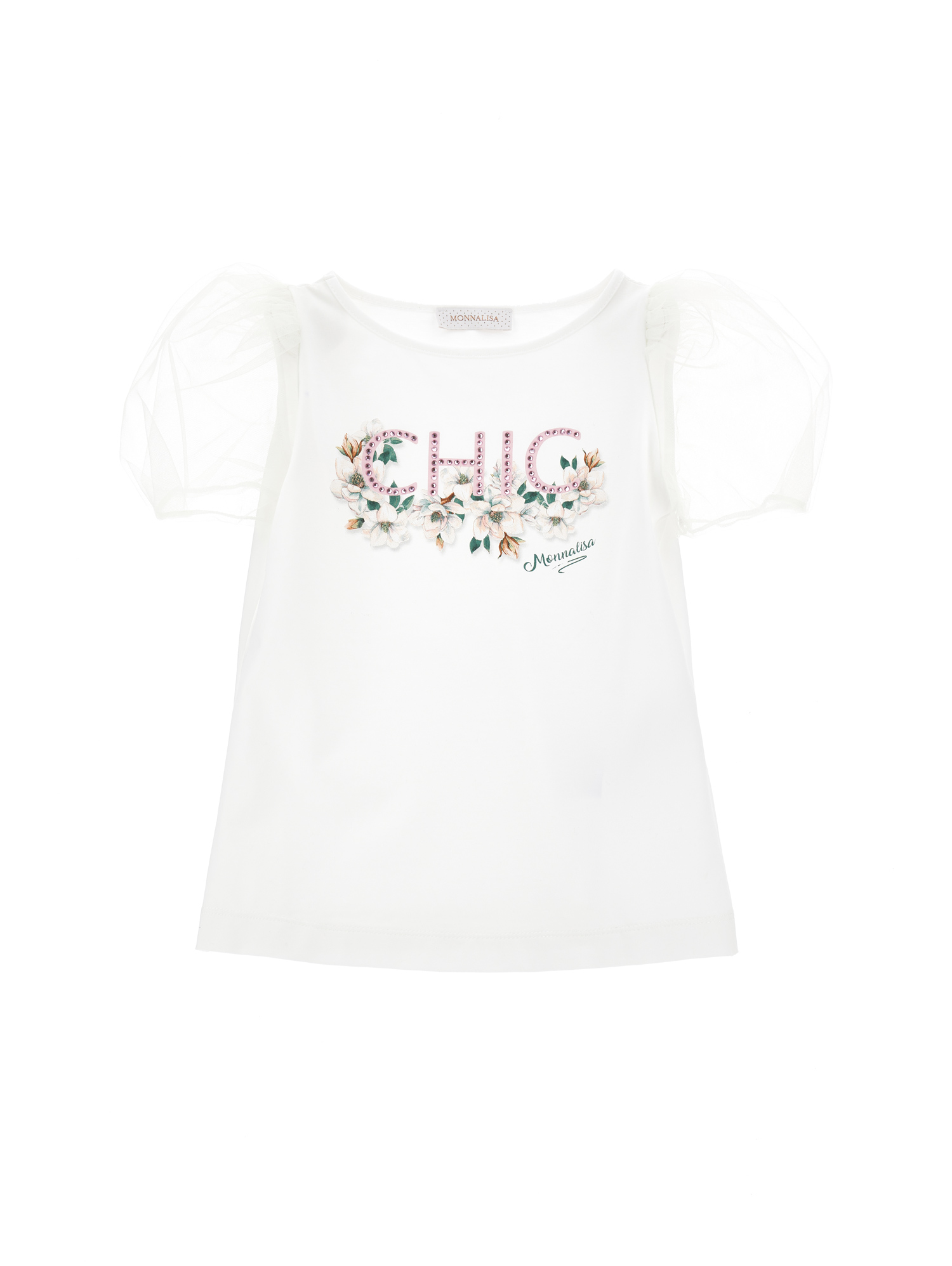 Monnalisa Kids'   Jersey T-shirt With Tulle Sleeves In Cream